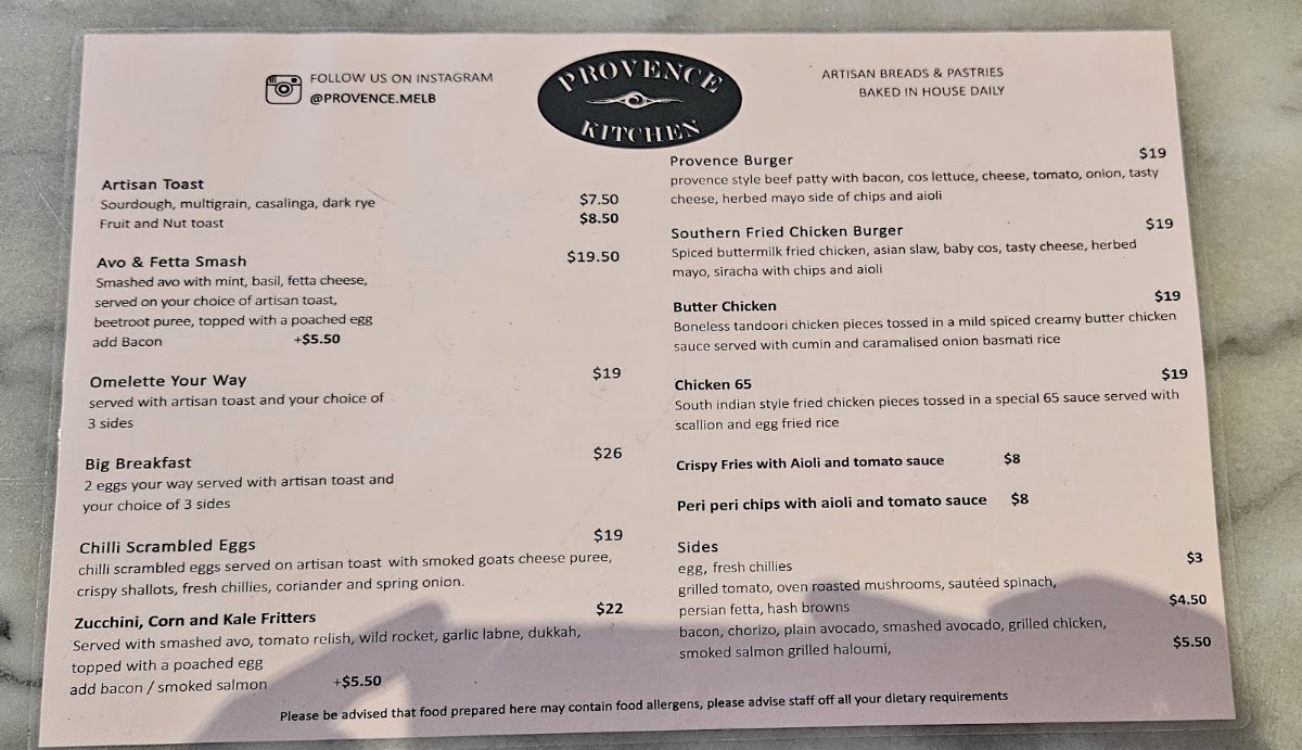 Provence Kitchen/Bakery Cafe menu board