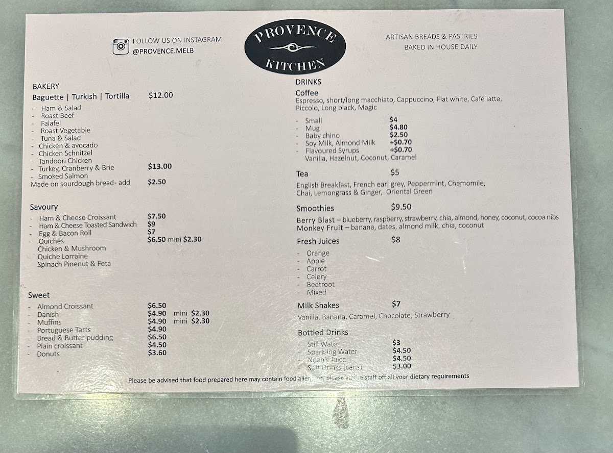 Provence Kitchen/Bakery Cafe menu board