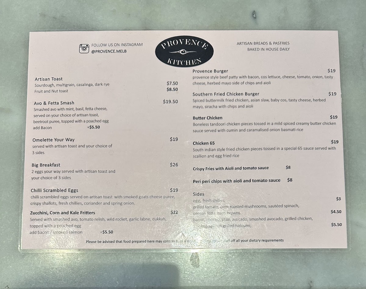 Provence Kitchen/Bakery Cafe menu board