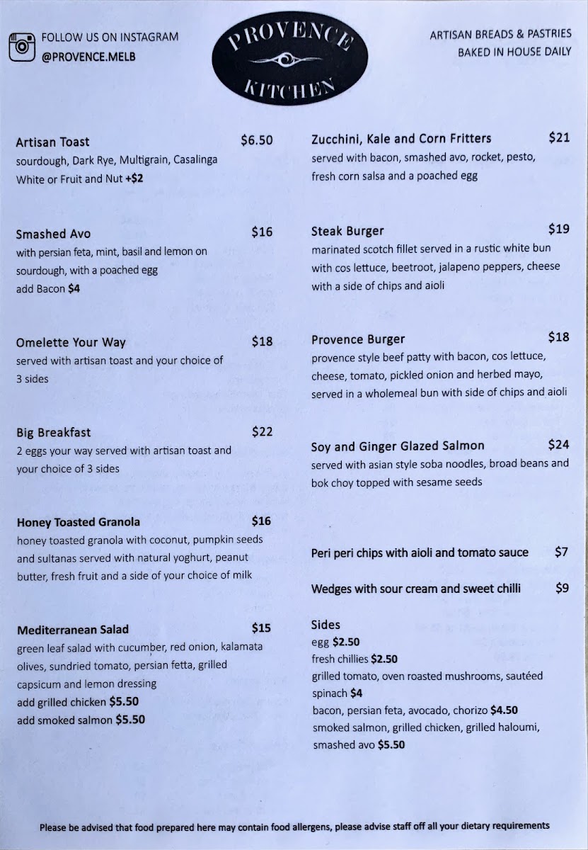 Provence Kitchen/Bakery Cafe menu board