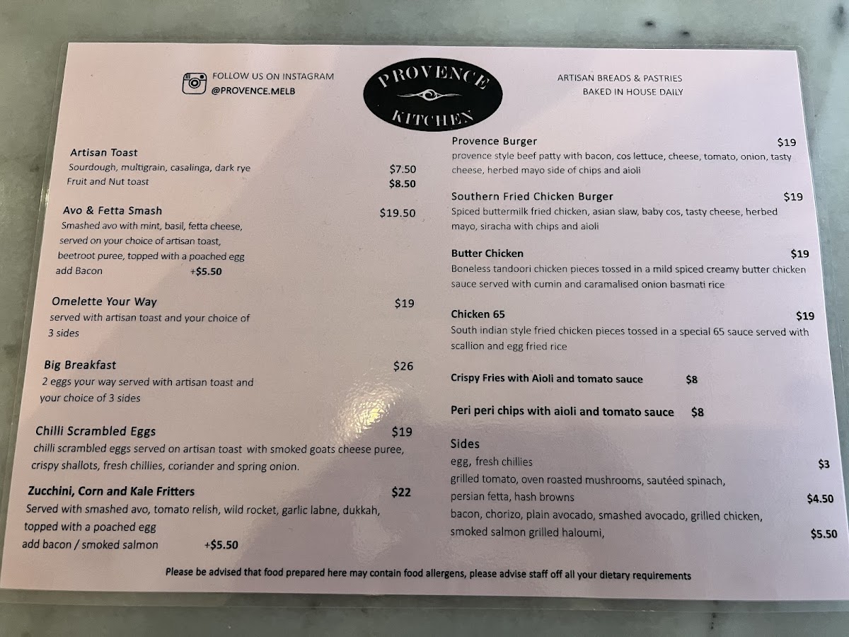 Provence Kitchen/Bakery Cafe menu board