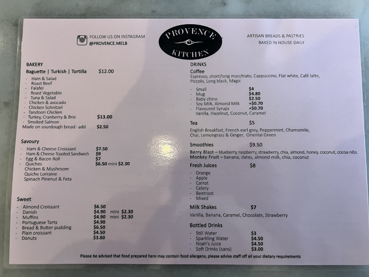 Provence Kitchen/Bakery Cafe menu board