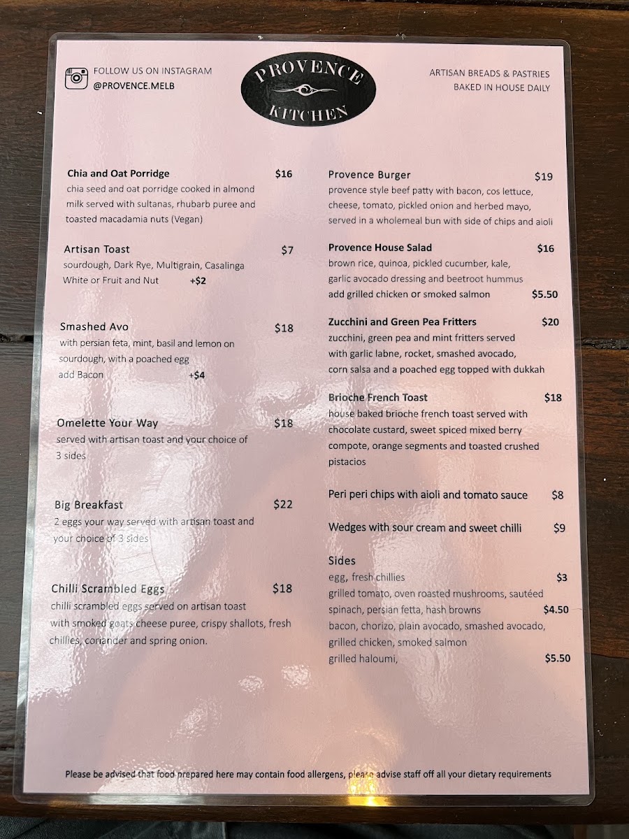 Provence Kitchen/Bakery Cafe menu board