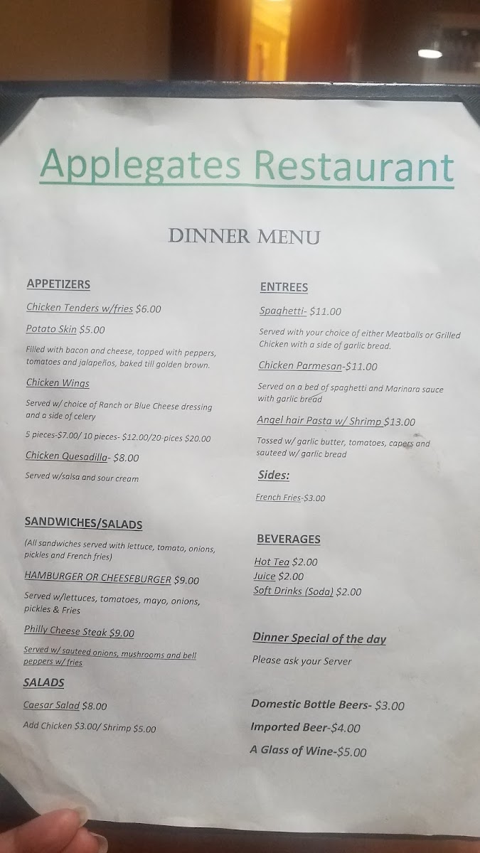 Applegates At Wyndham Garden menu board