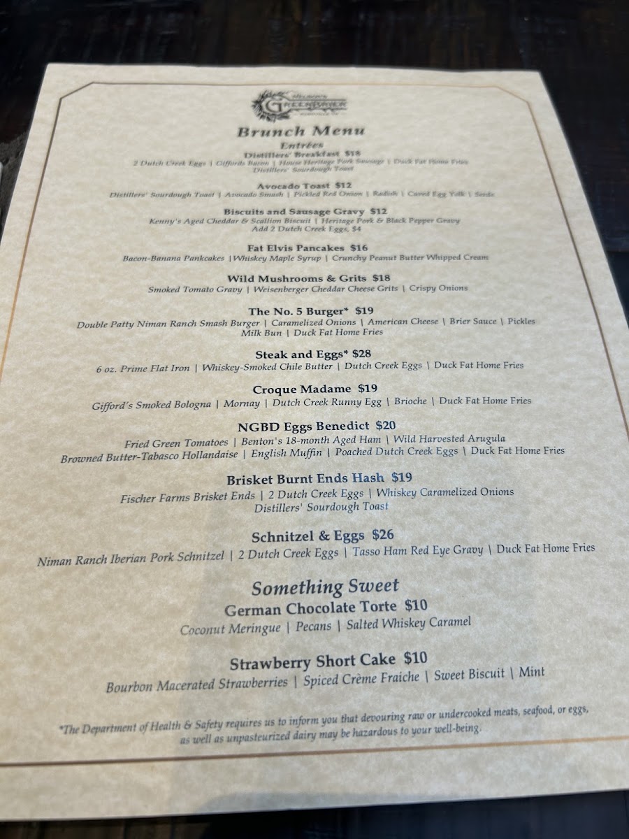 The Restaurant at Nelson's Green Brier Distillery menu board