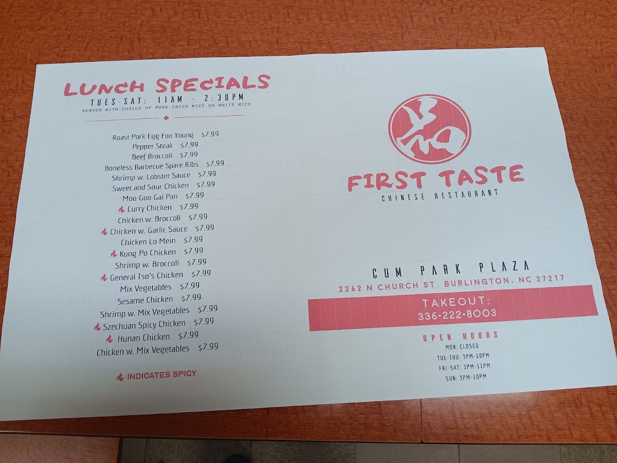 First Taste Chinese Restaurant menu board