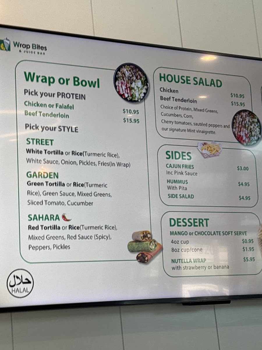 Wrap Bites & Juice Bar menu board