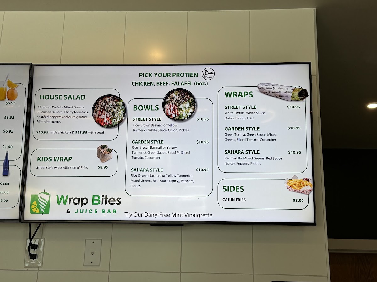Wrap Bites & Juice Bar menu board