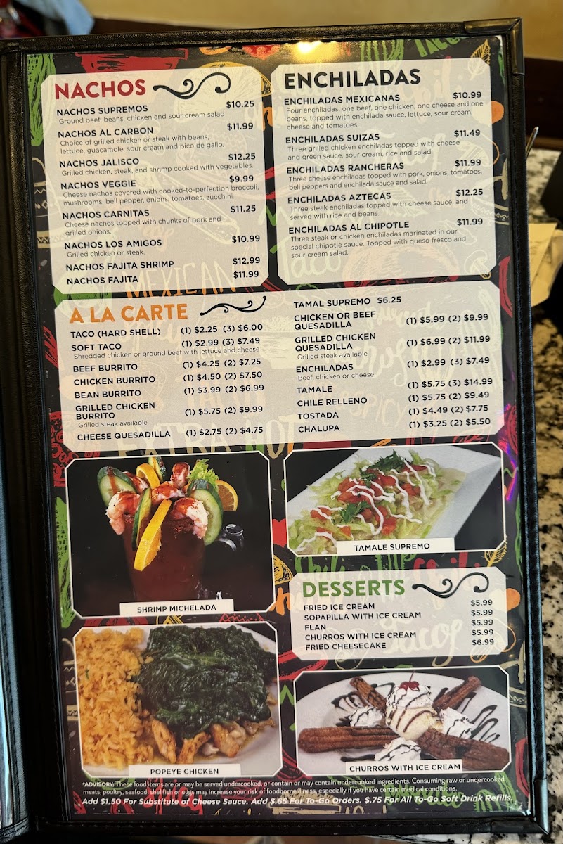 Los Amigos Mexican Restaurant and Grill menu board