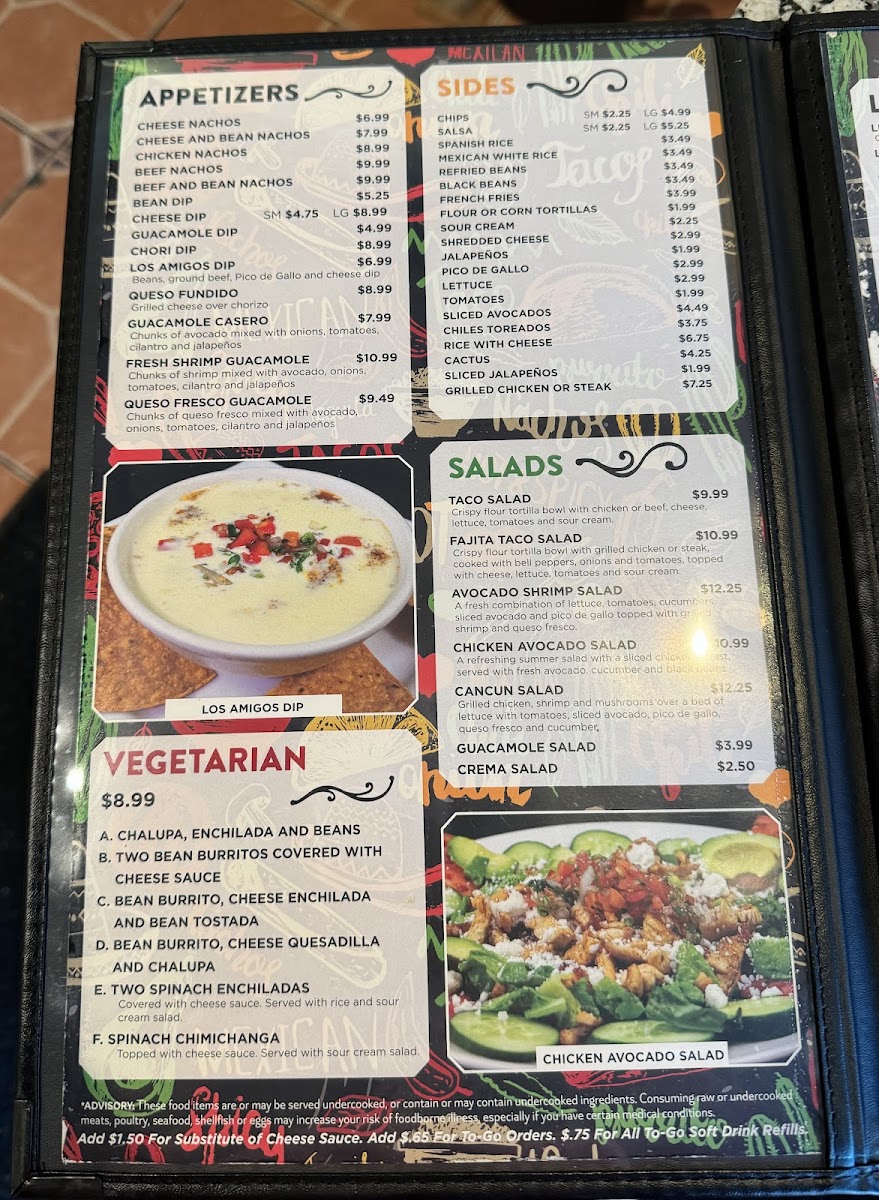Los Amigos Mexican Restaurant and Grill menu board
