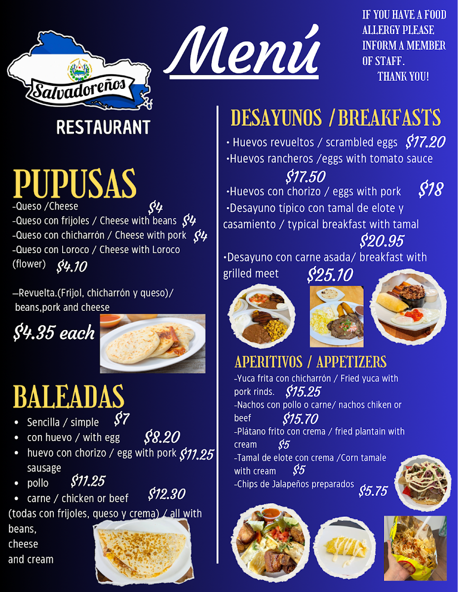 Salvadoreños restaurant menu board