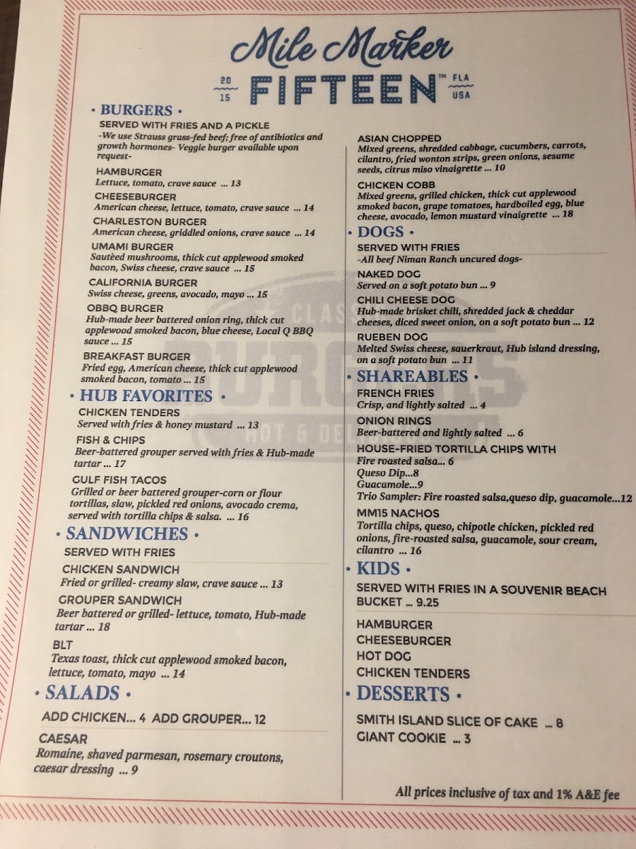 Mile Marker Fifteen menu board