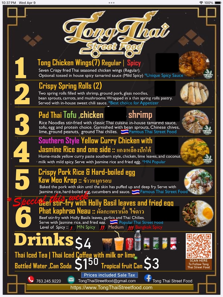 Tong Thai Street Food, LLC menu board