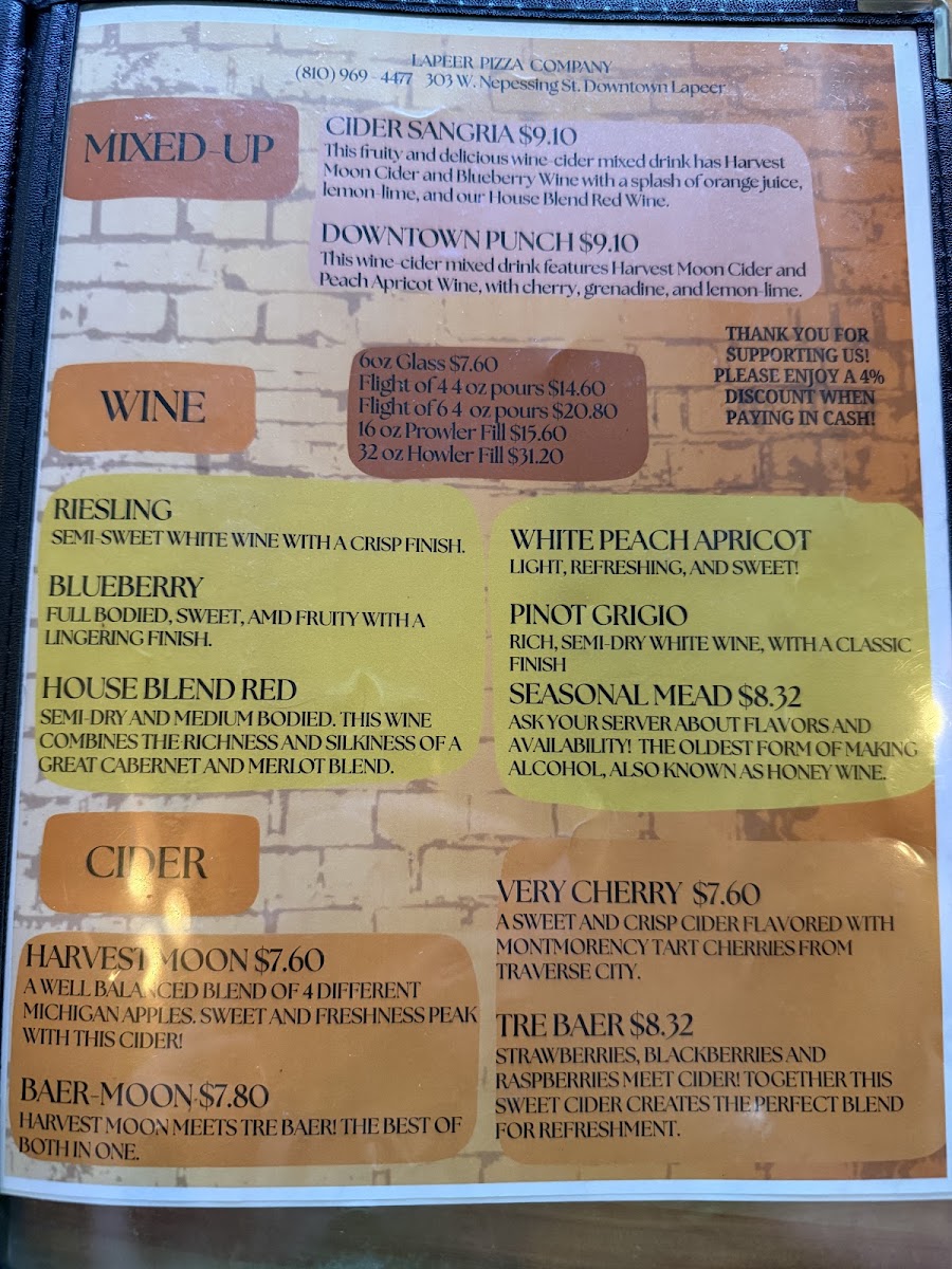 Lapeer Pizza Co. menu board