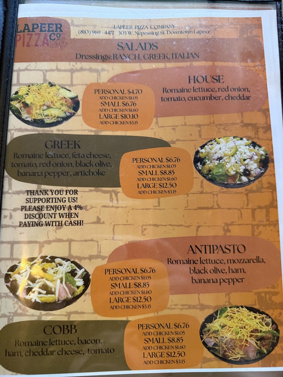 Lapeer Pizza Co. menu board
