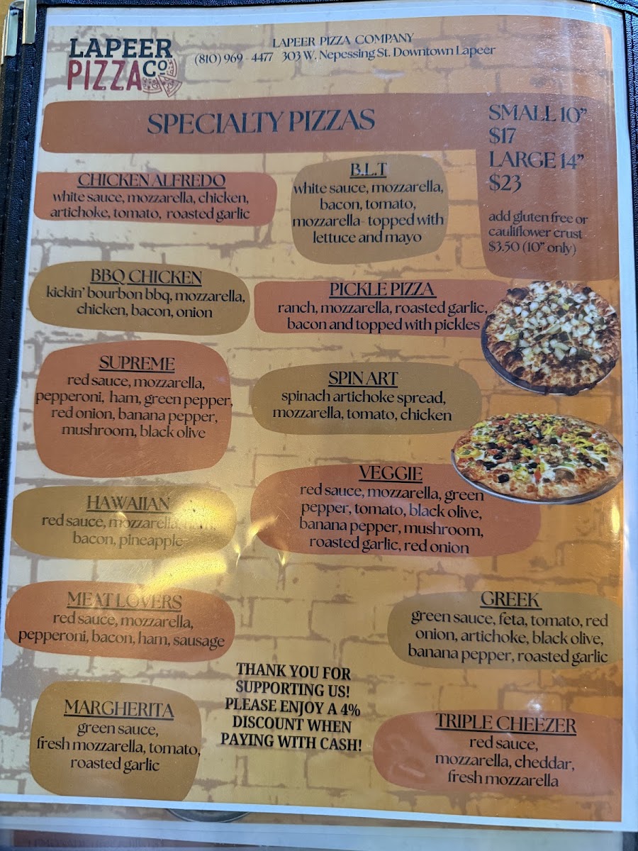 Lapeer Pizza Co. menu board