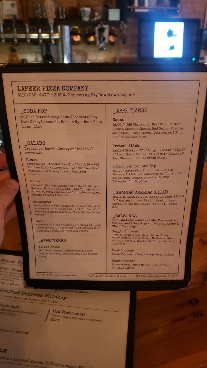 Lapeer Pizza Co. menu board