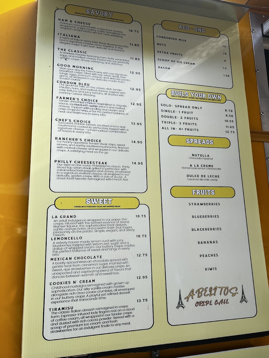 Abelitos Crepe Cafe menu board