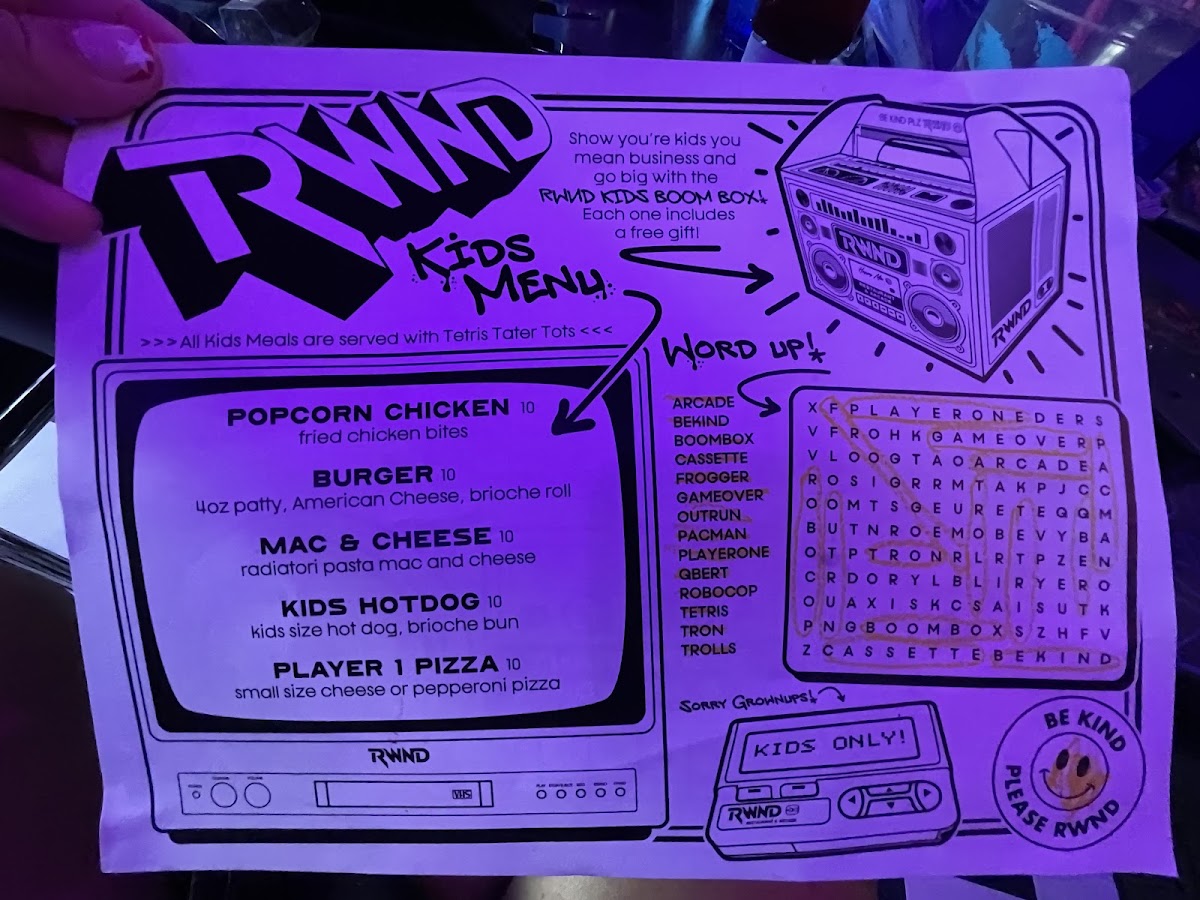 RWND Restaurant & Arcade menu board