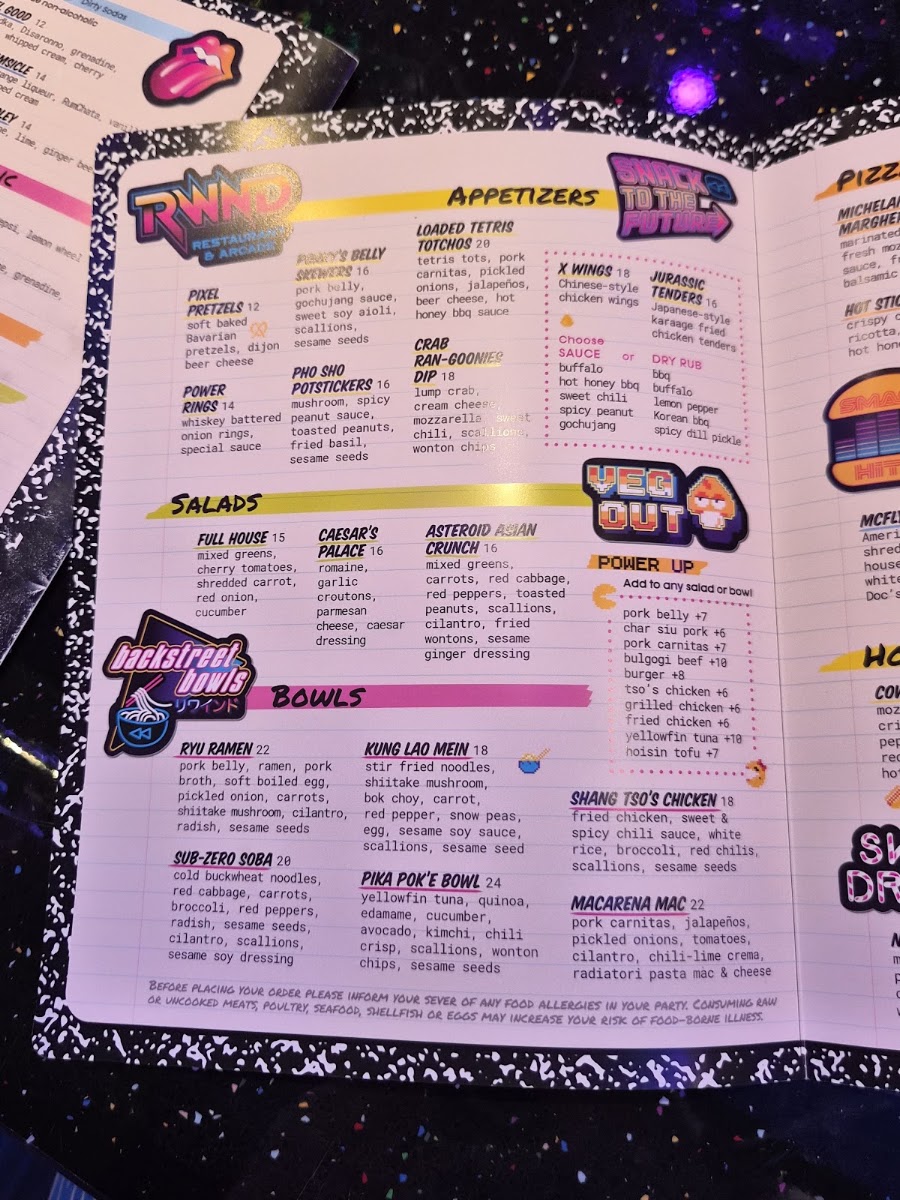 RWND Restaurant & Arcade menu board