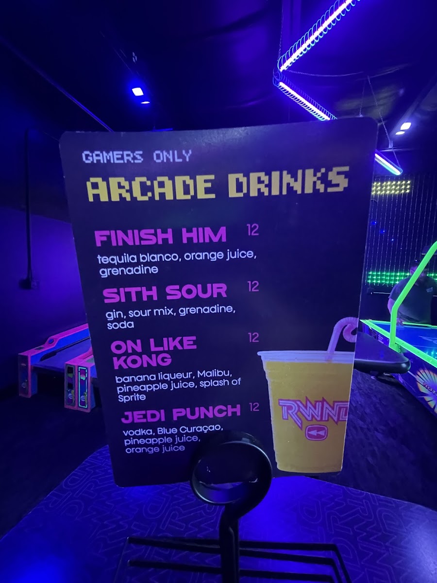 RWND Restaurant & Arcade menu board