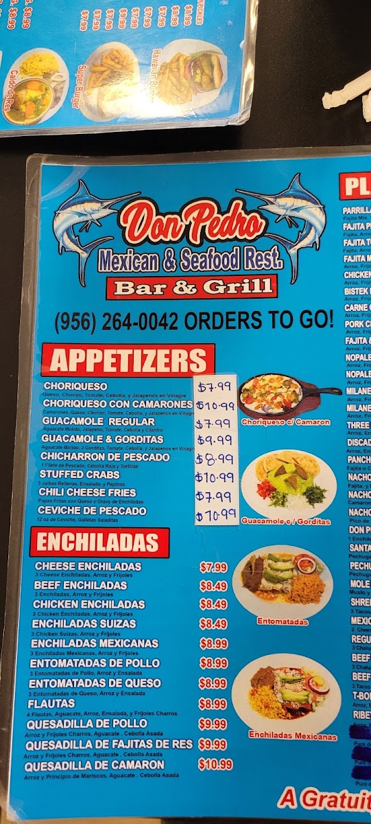 Don Pedro Seafood Mexican Restaurant Elsa menu board
