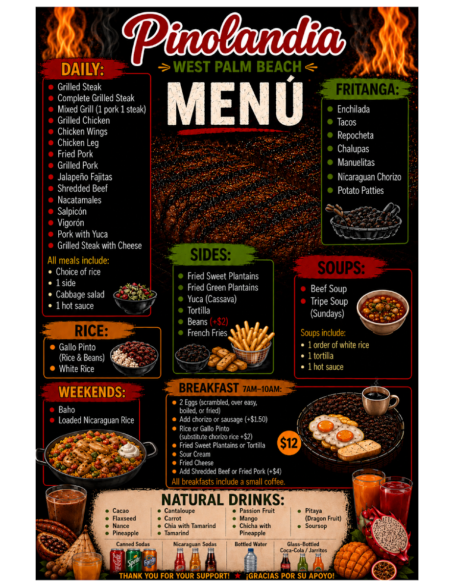 Pinolandia West Palm Beach menu board
