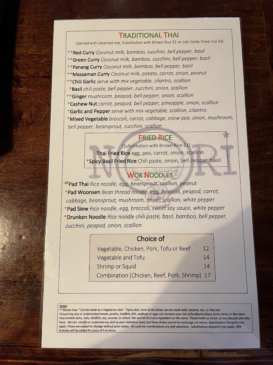 Nori Thai menu board