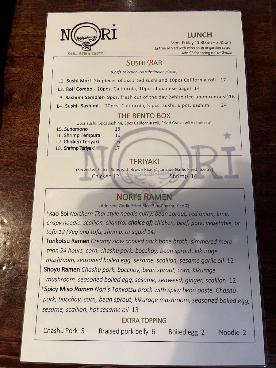 Nori Thai menu board