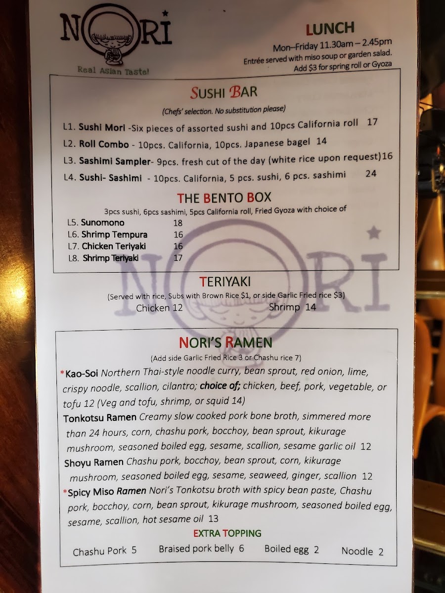 Nori Thai menu board