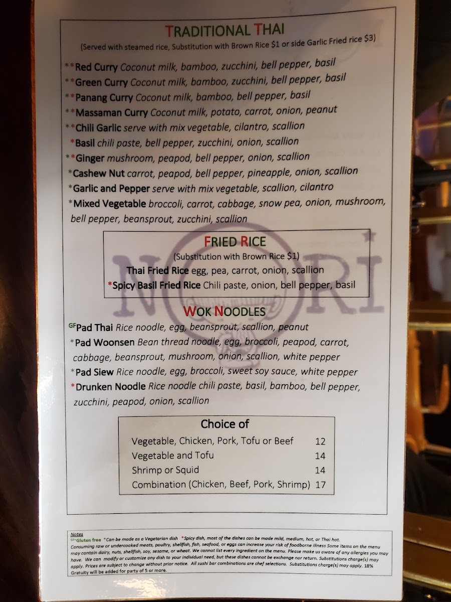 Nori Thai menu board