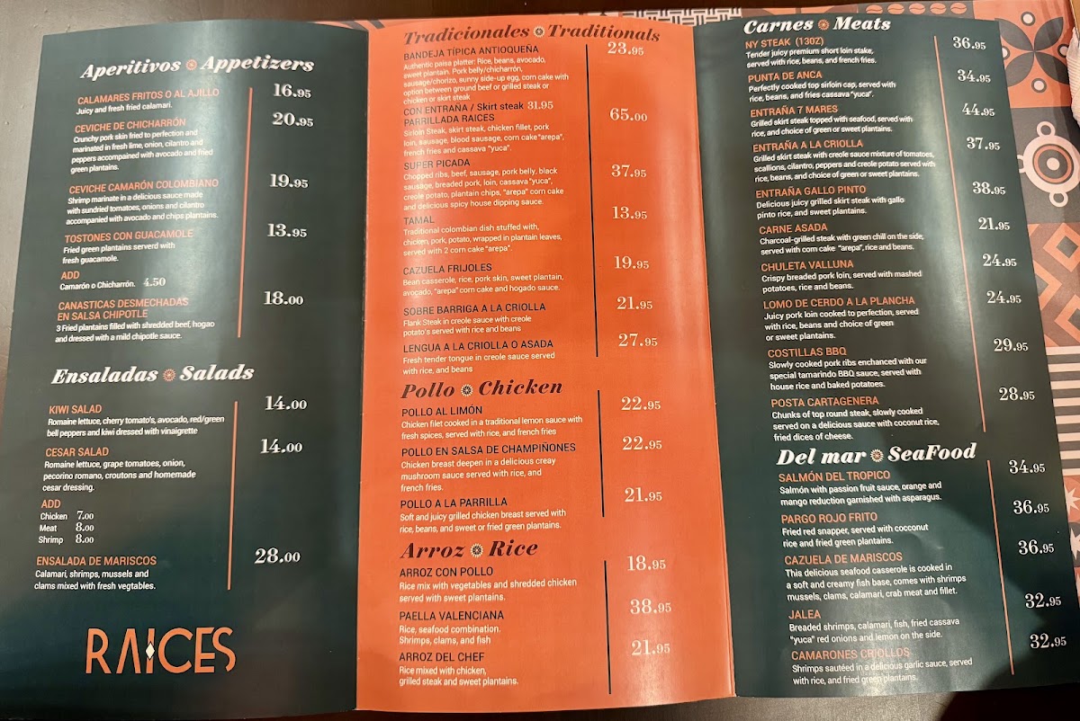 Raices Colombianas Bakery and Restaurant menu board