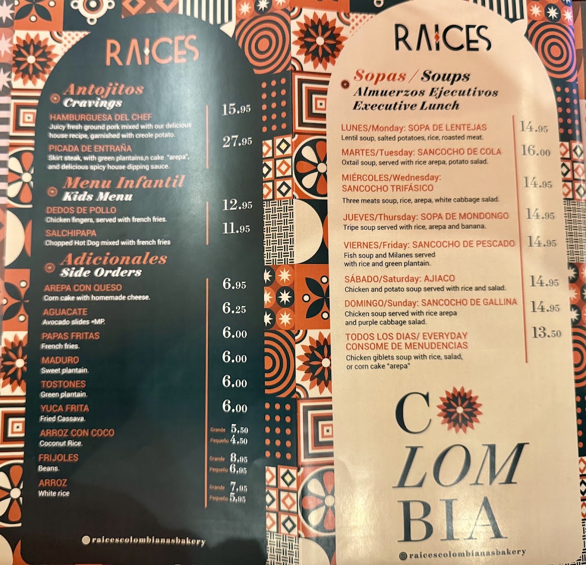 Raices Colombianas Bakery and Restaurant menu board