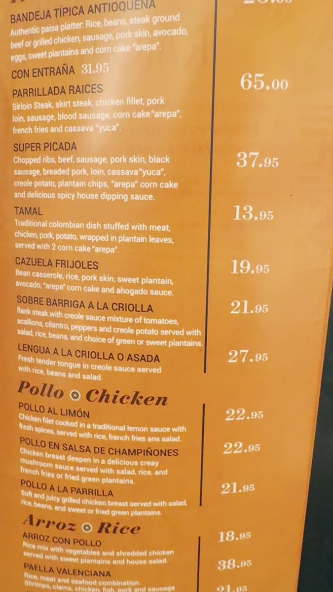 Raices Colombianas Bakery and Restaurant menu board