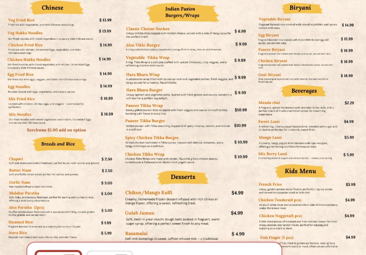 Curry Lounge - Indo Chinese Cuisine menu board