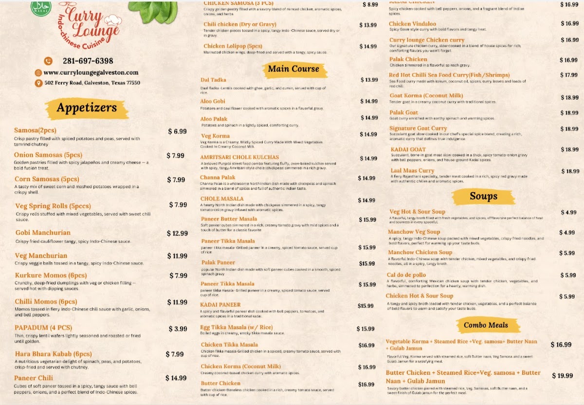 Curry Lounge - Indo Chinese Cuisine menu board