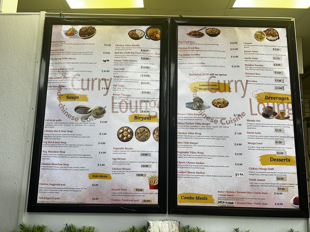 Curry Lounge - Indo Chinese Cuisine menu board