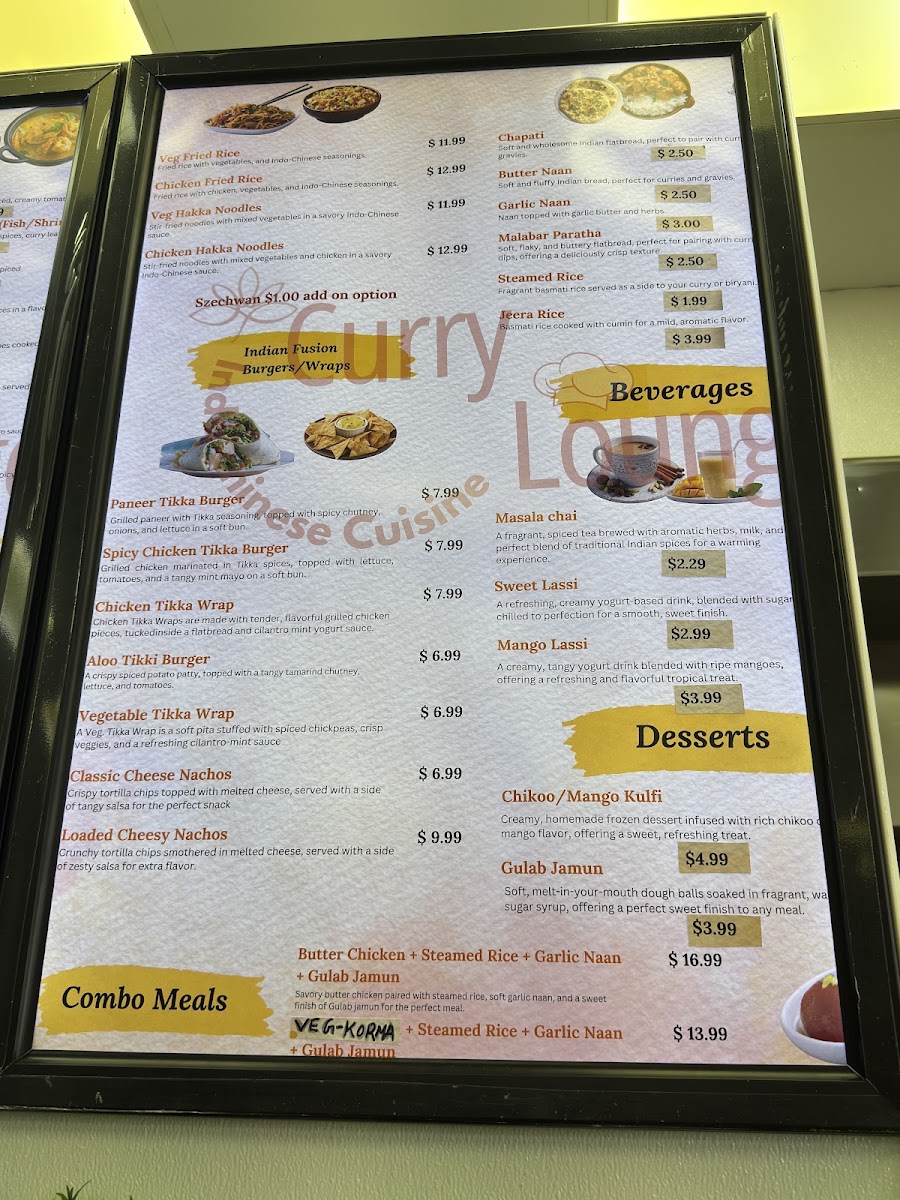 Curry Lounge - Indo Chinese Cuisine menu board