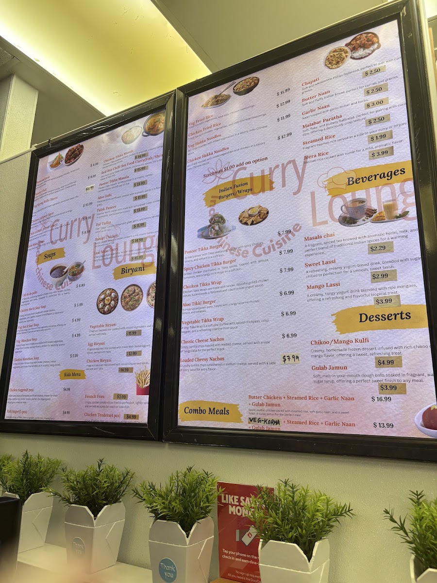 Curry Lounge - Indo Chinese Cuisine menu board