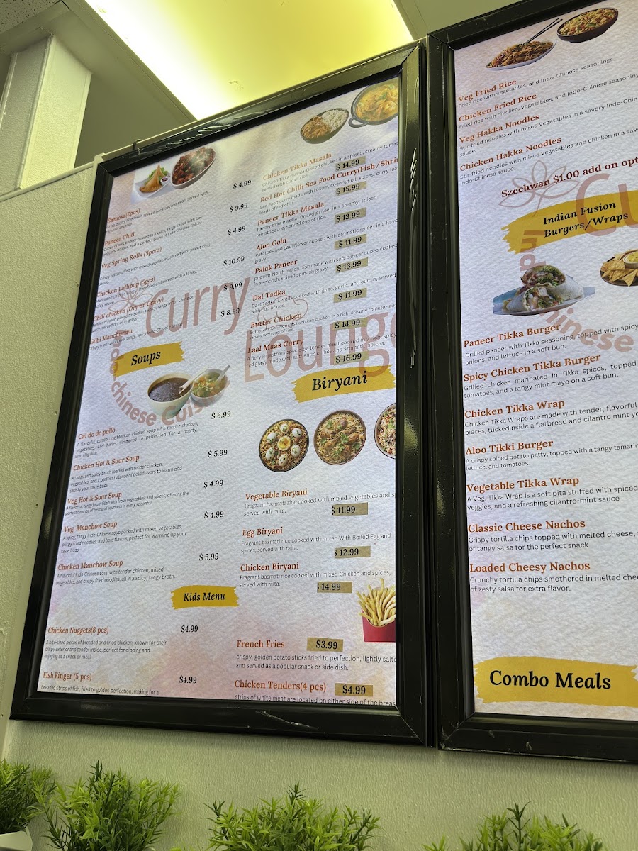 Curry Lounge - Indo Chinese Cuisine menu board