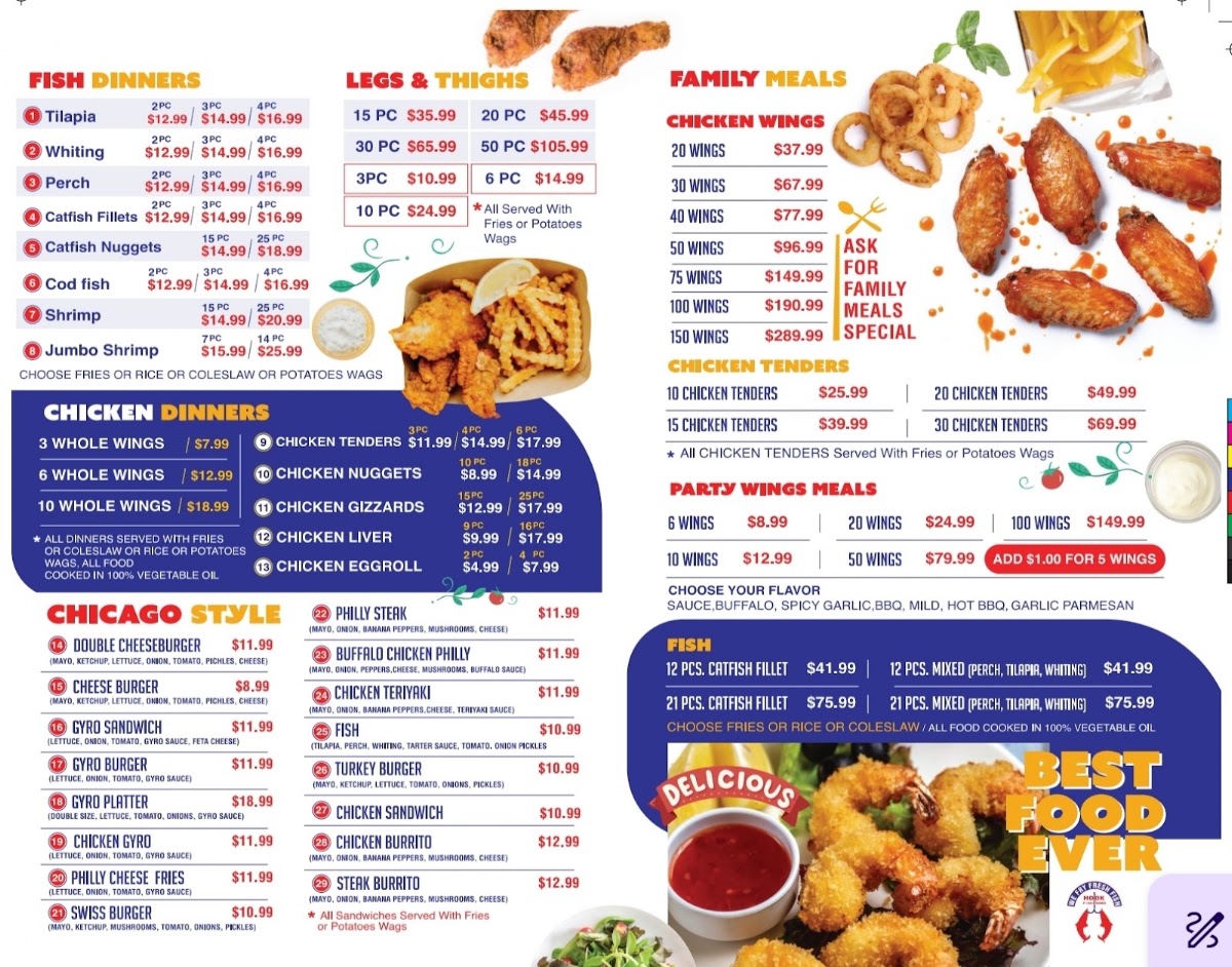 Hook Fish and Chicken menu board