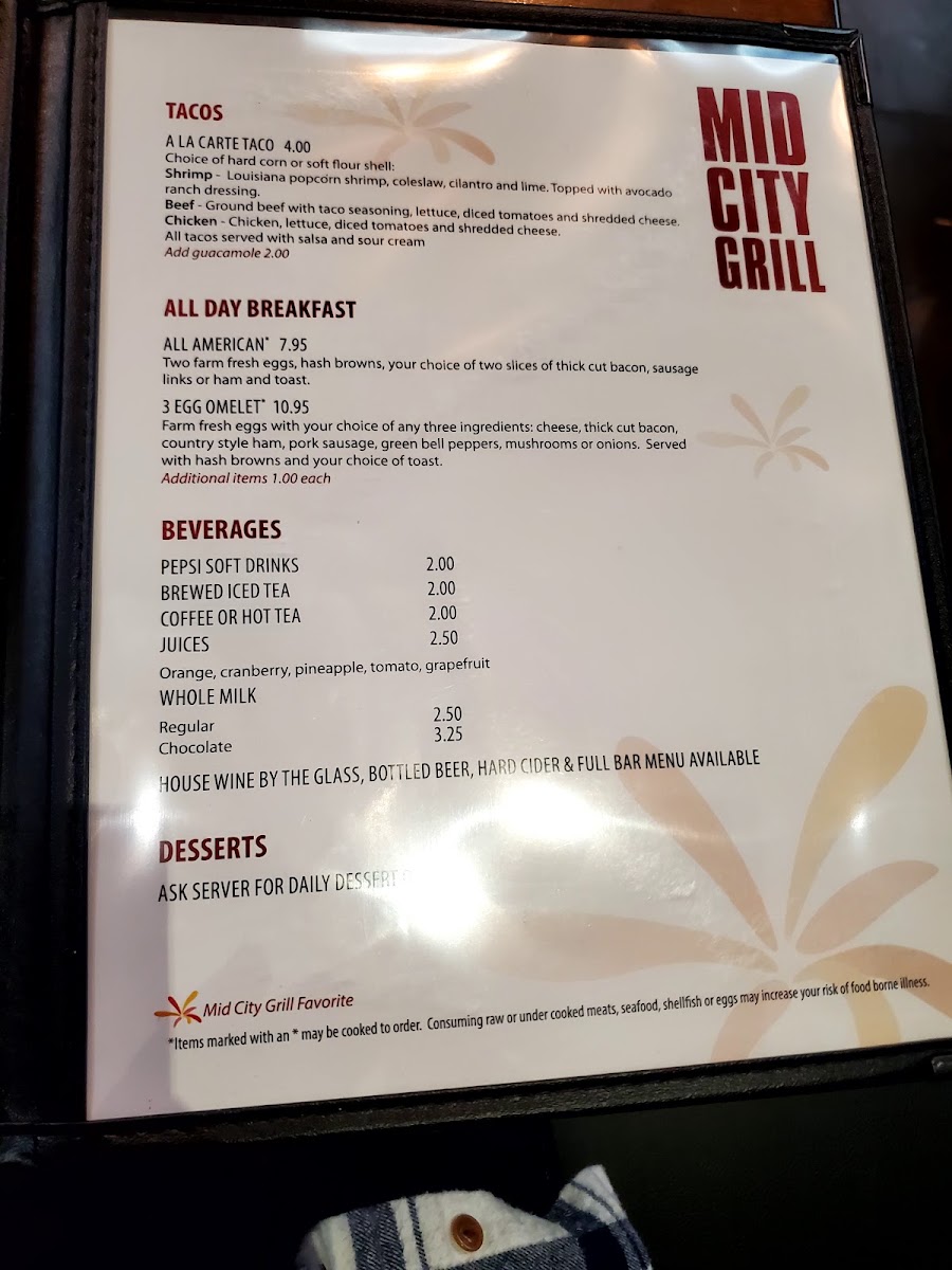Mid City Grill menu board