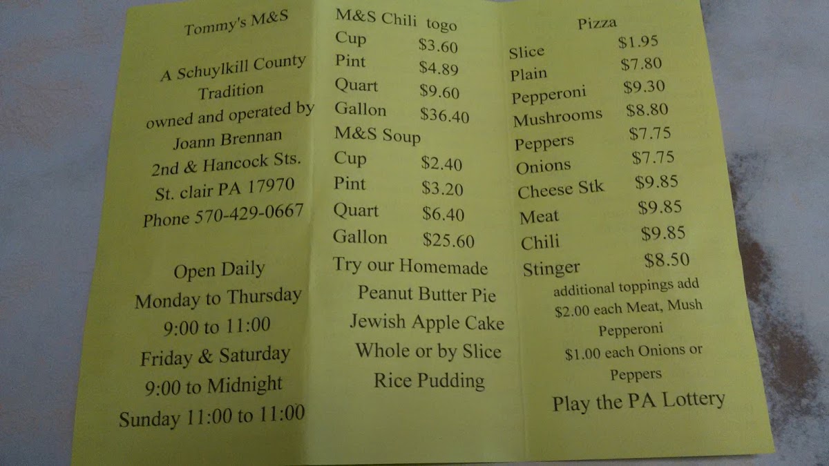 Tommy's M & S Lunch menu board