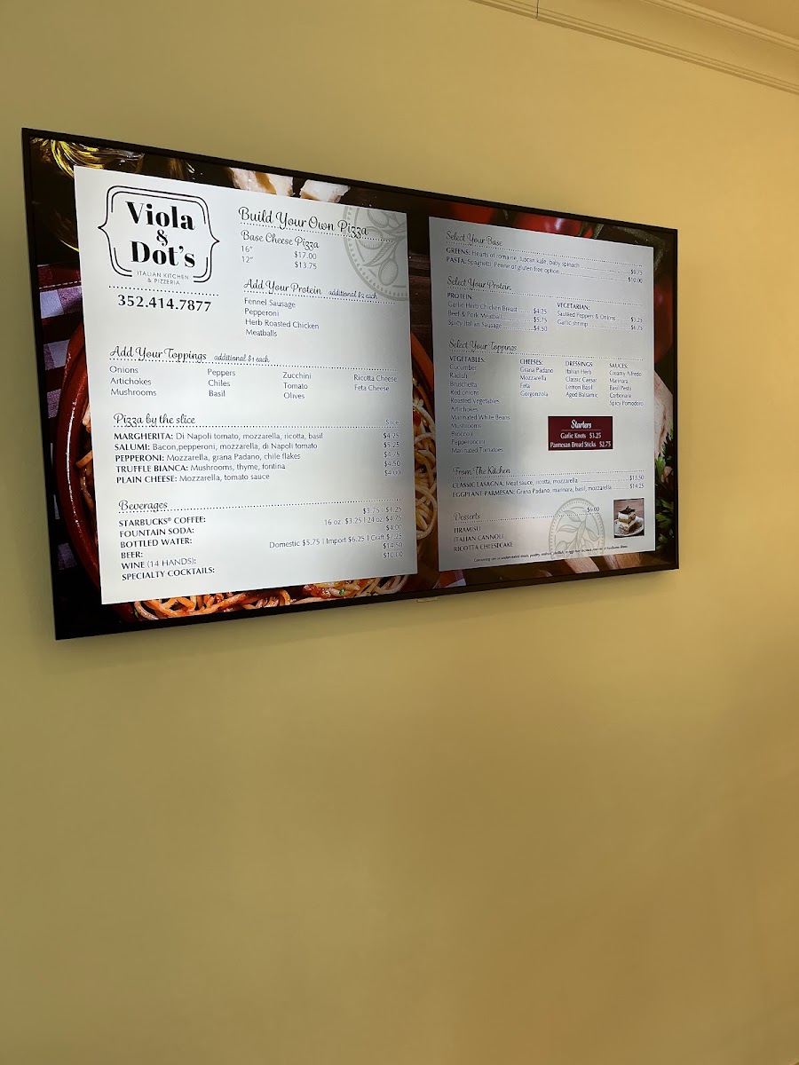 Viola & Dot's Italian Kitchen & Pizzeria menu board