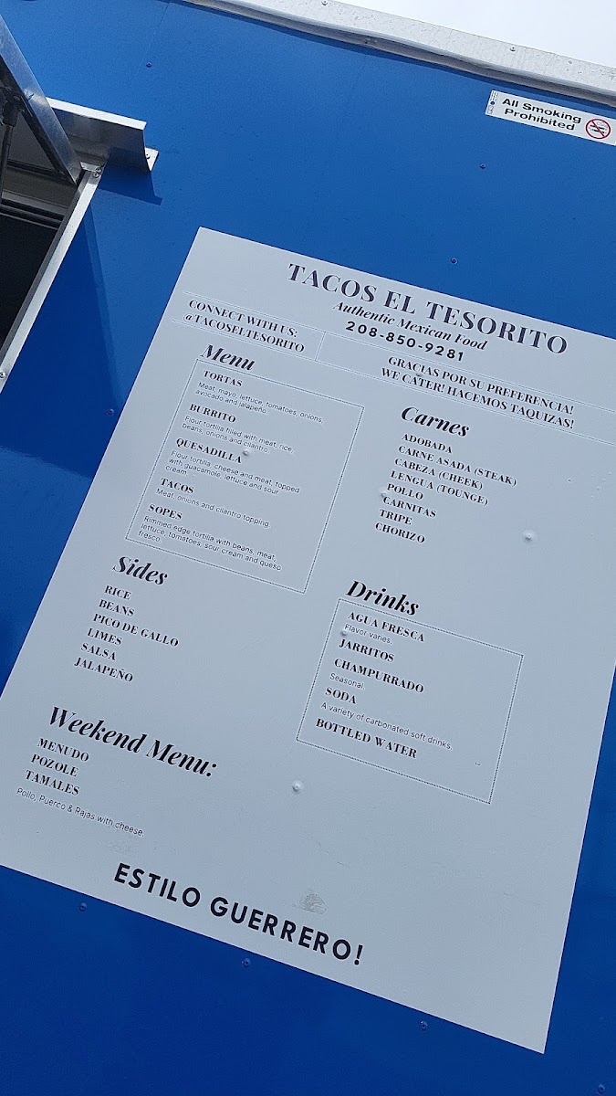 Tacos El Tesorito Taco Truck menu board
