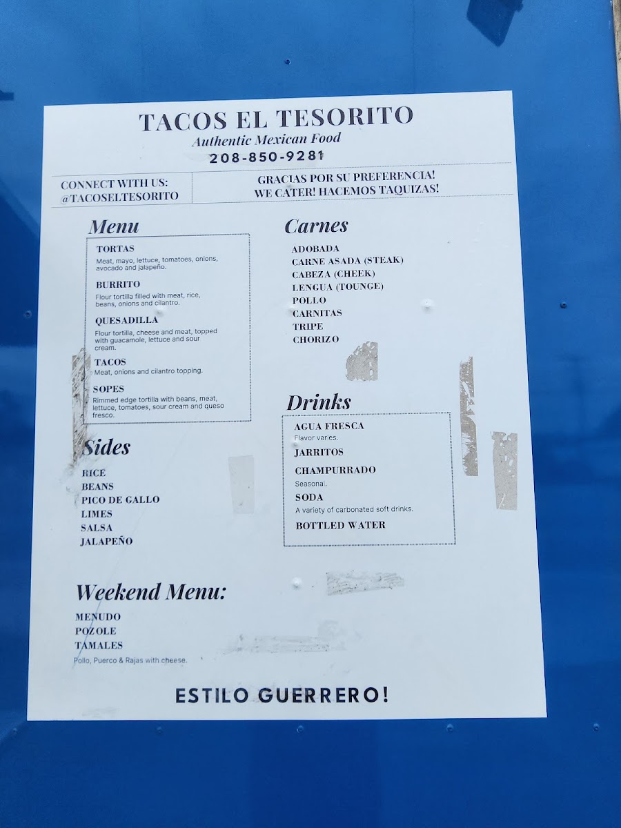 Tacos El Tesorito Taco Truck menu board