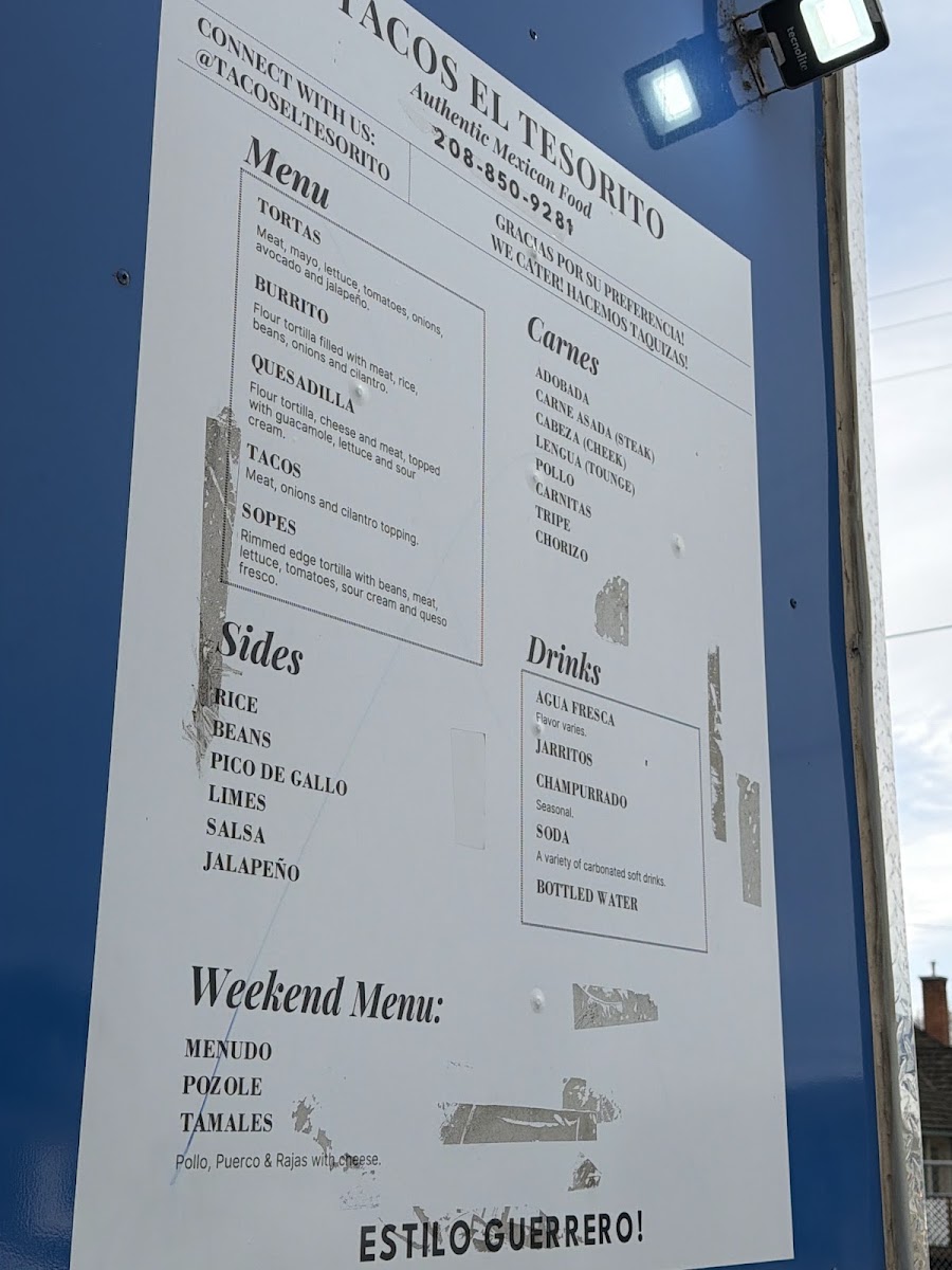 Tacos El Tesorito Taco Truck menu board