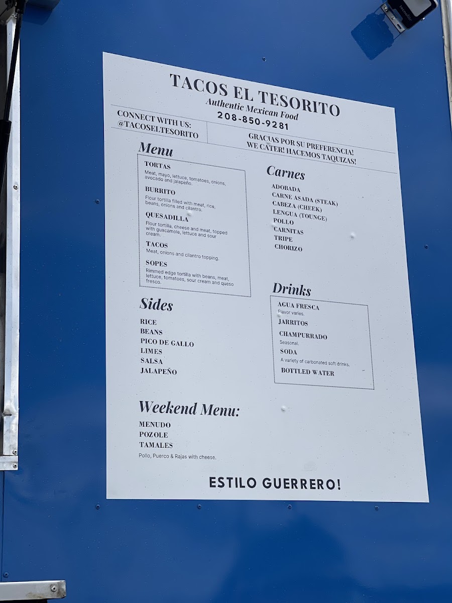 Tacos El Tesorito Taco Truck menu board