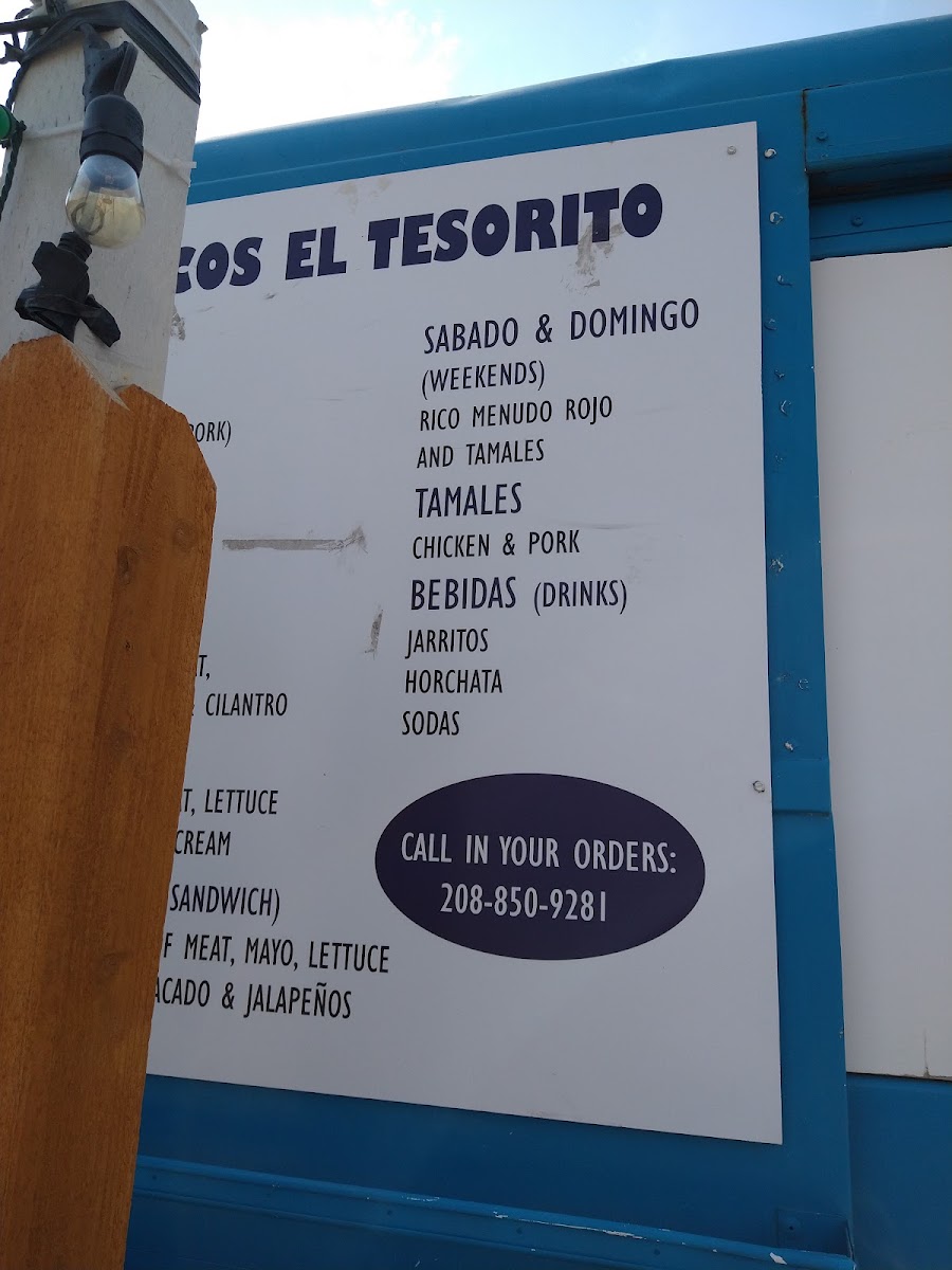 Tacos El Tesorito Taco Truck menu board