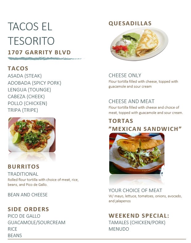 Tacos El Tesorito Taco Truck menu board